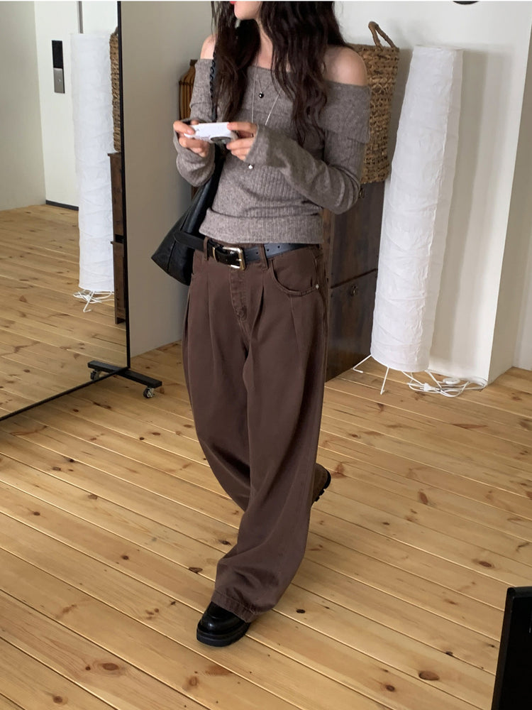 復古美色雙壓褶垂感闊褲(附皮帶)