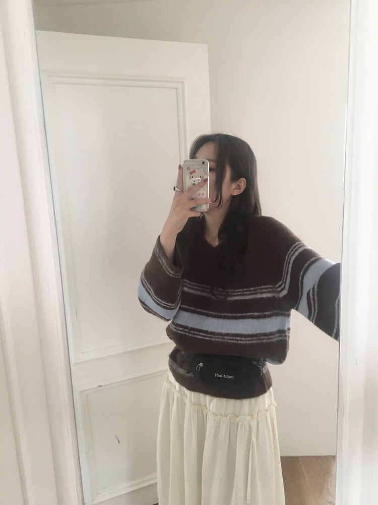 V領撞色條紋細節毛衣