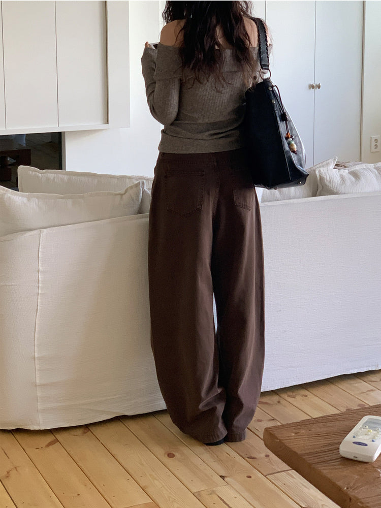 復古美色雙壓褶垂感闊褲(附皮帶)