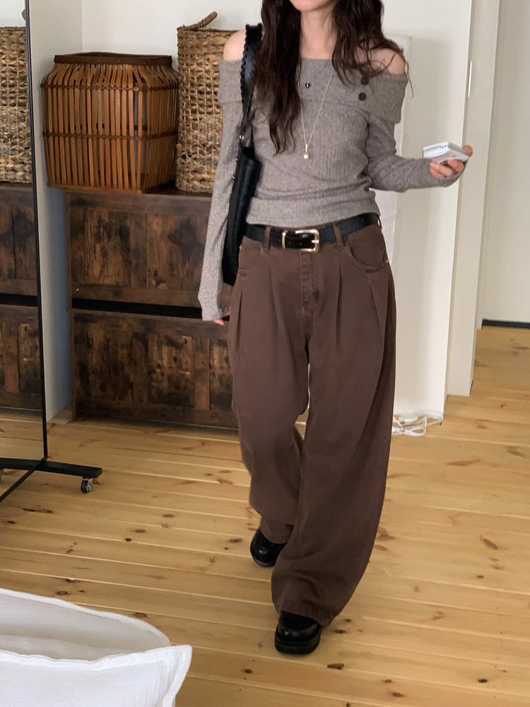 復古美色雙壓褶垂感闊褲(附皮帶)