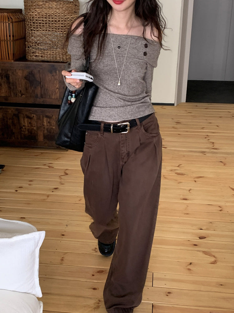 復古美色雙壓褶垂感闊褲(附皮帶)