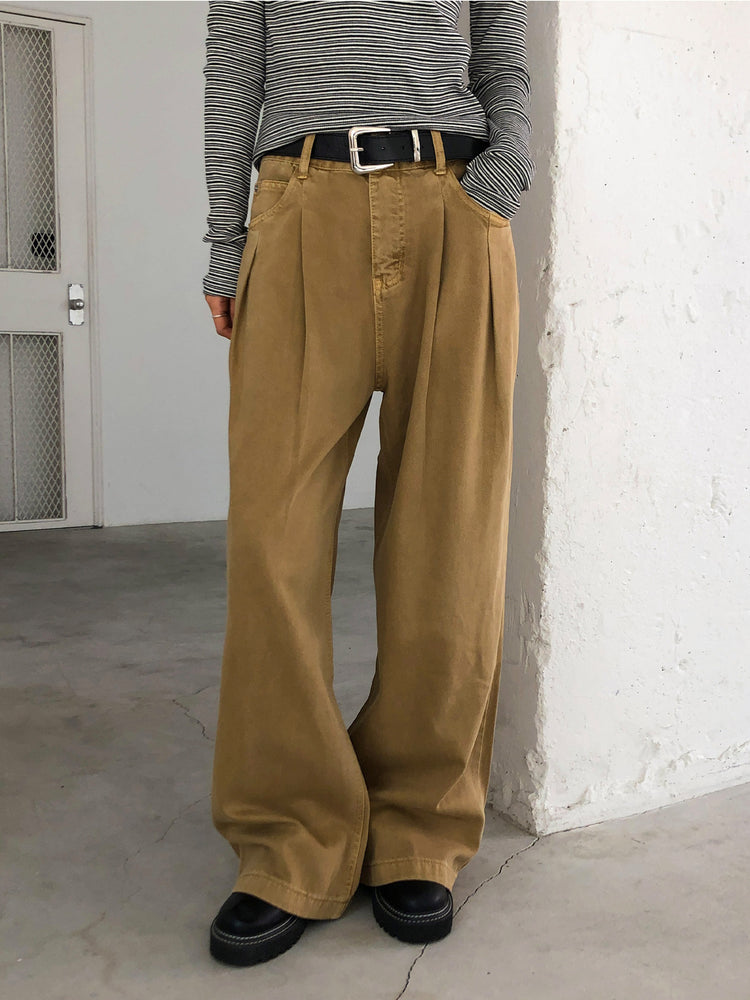 復古美色雙壓褶垂感闊褲(附皮帶)