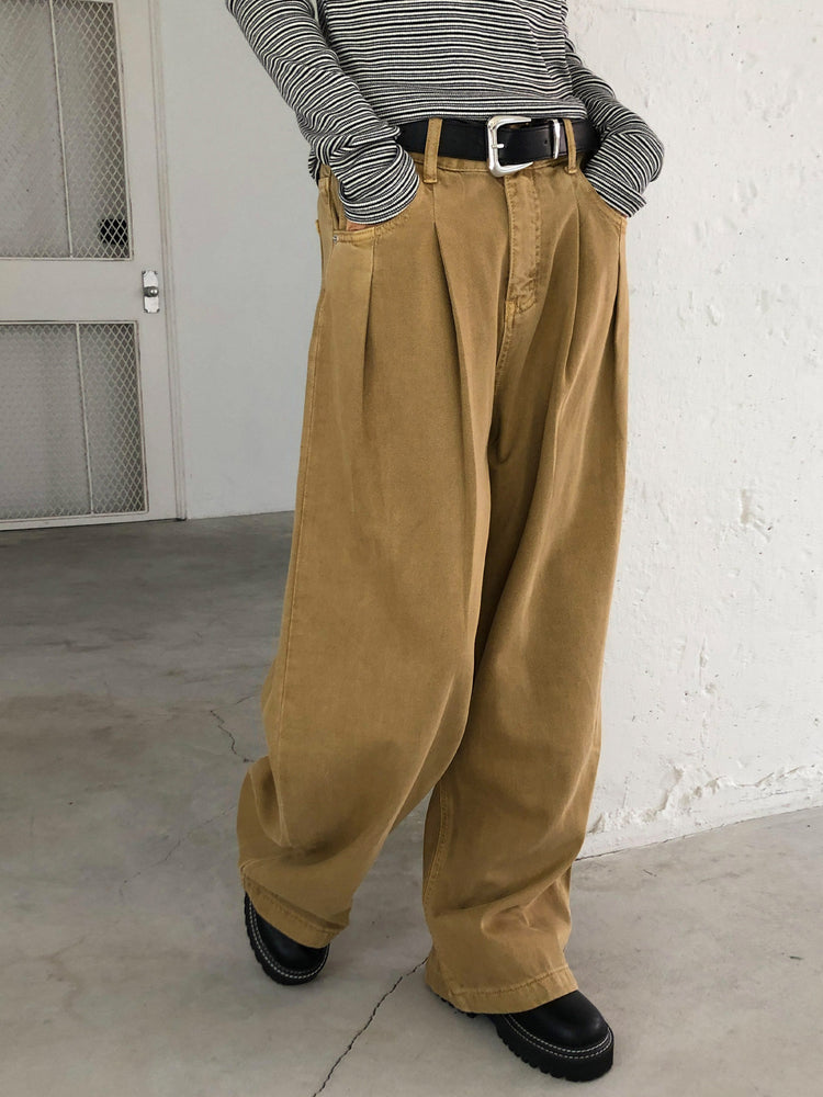 復古美色雙壓褶垂感闊褲(附皮帶)