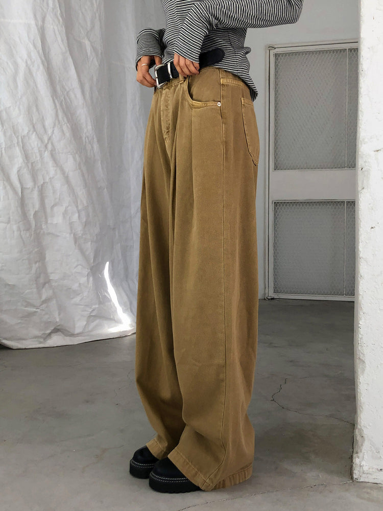 復古美色雙壓褶垂感闊褲(附皮帶)