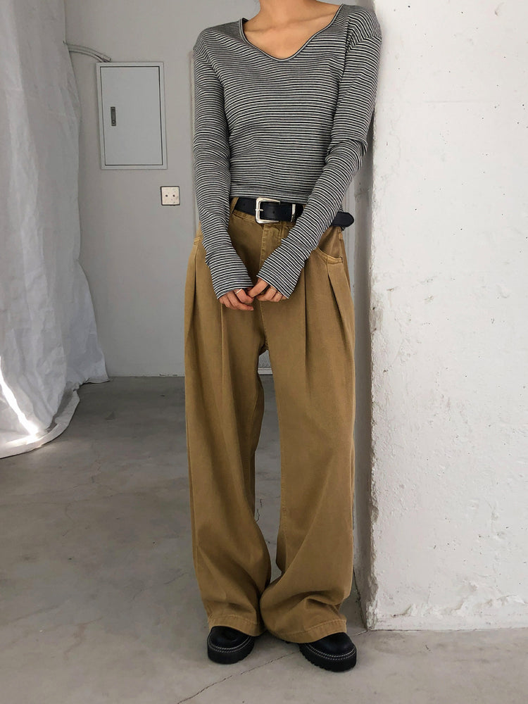 復古美色雙壓褶垂感闊褲(附皮帶)