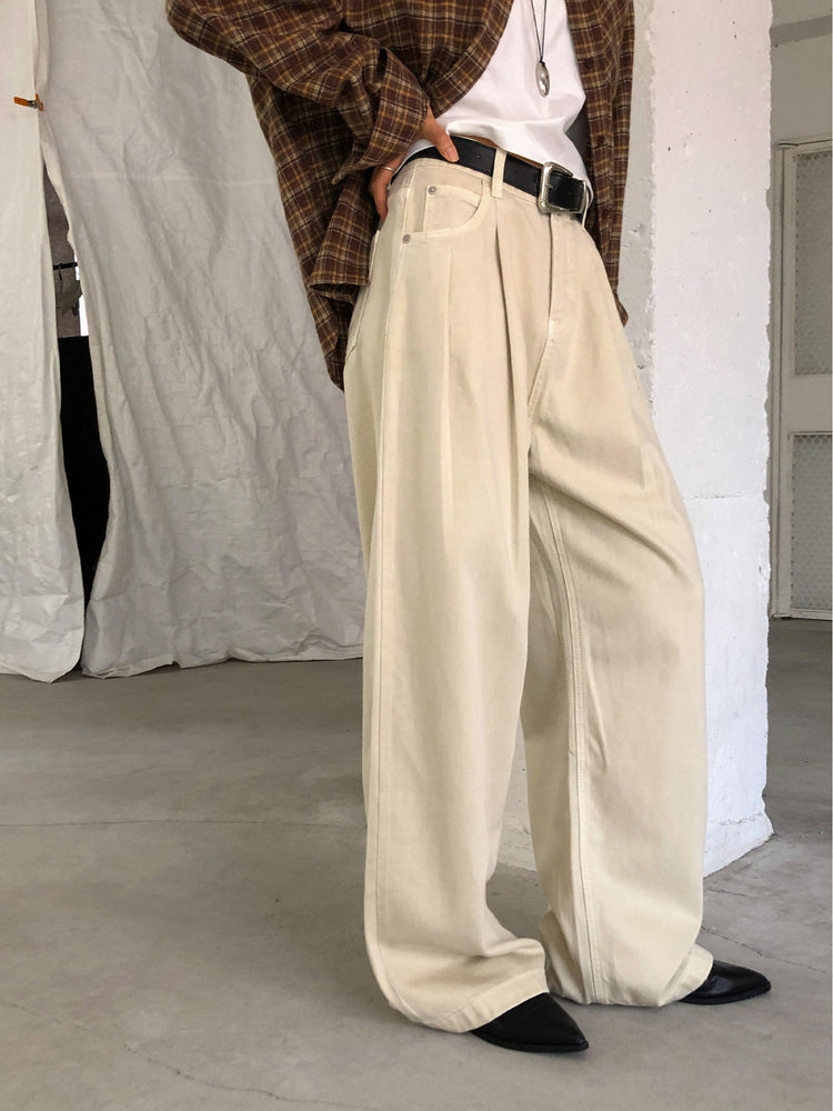 復古美色雙壓褶垂感闊褲(附皮帶)
