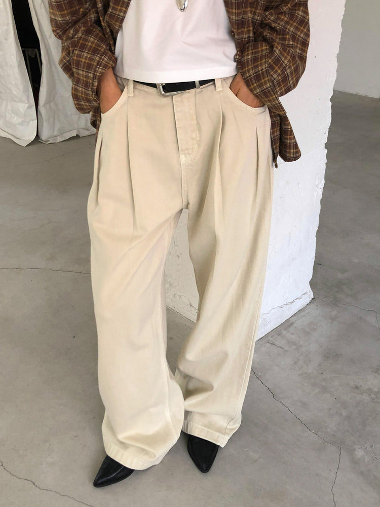 復古美色雙壓褶垂感闊褲(附皮帶)