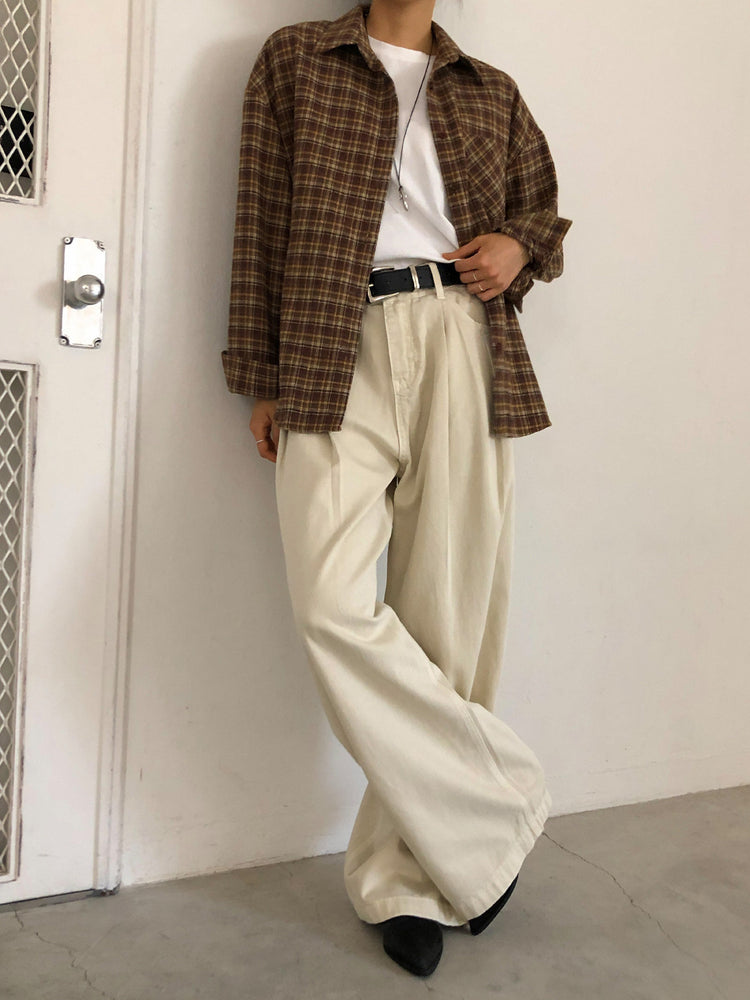 復古美色雙壓褶垂感闊褲(附皮帶)