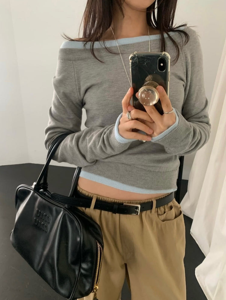 美色露肩修身針織上衣