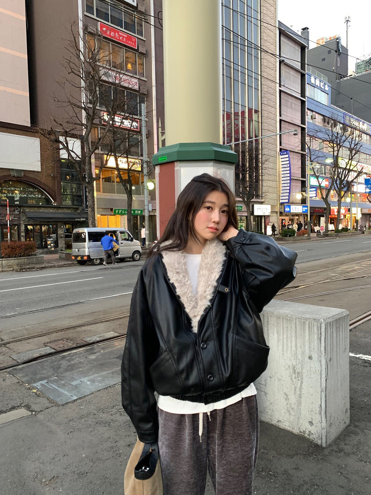 深V毛毛翻領皮外套