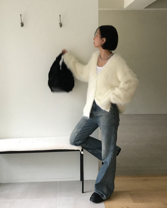 弧壓線側鉚釘細節牛仔褲