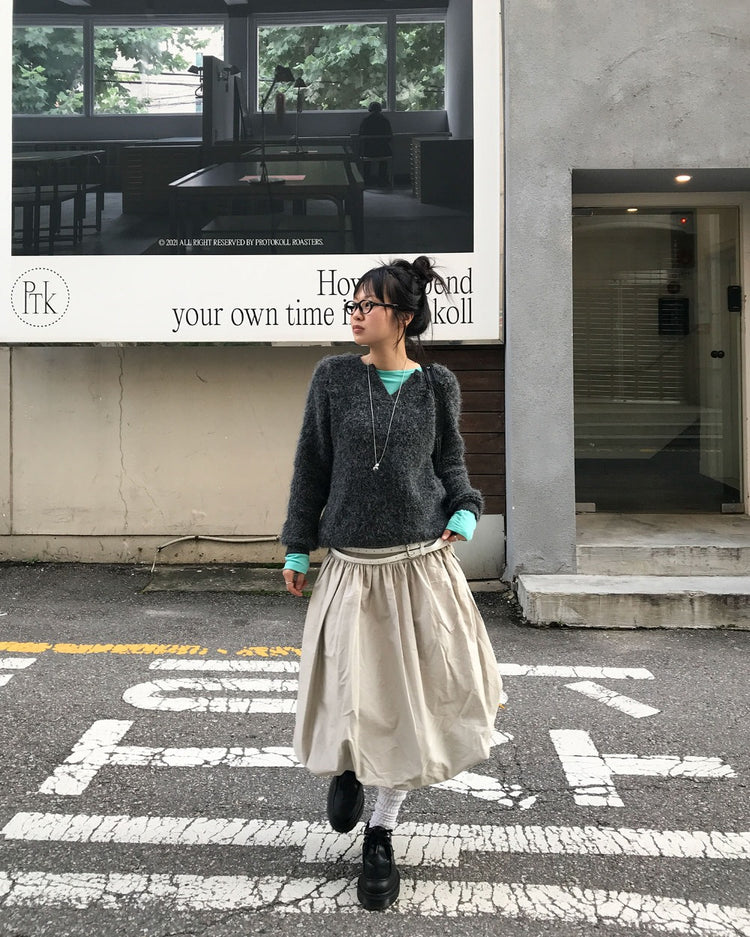 寬腰頭泡泡中裙