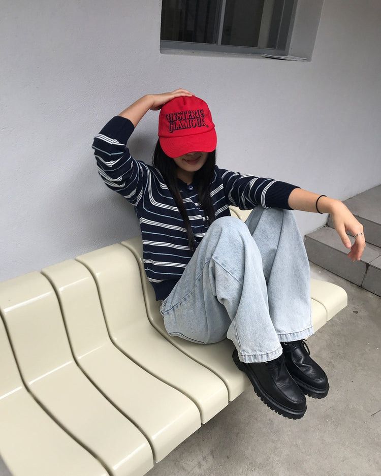 美色條紋排鈕針織外套