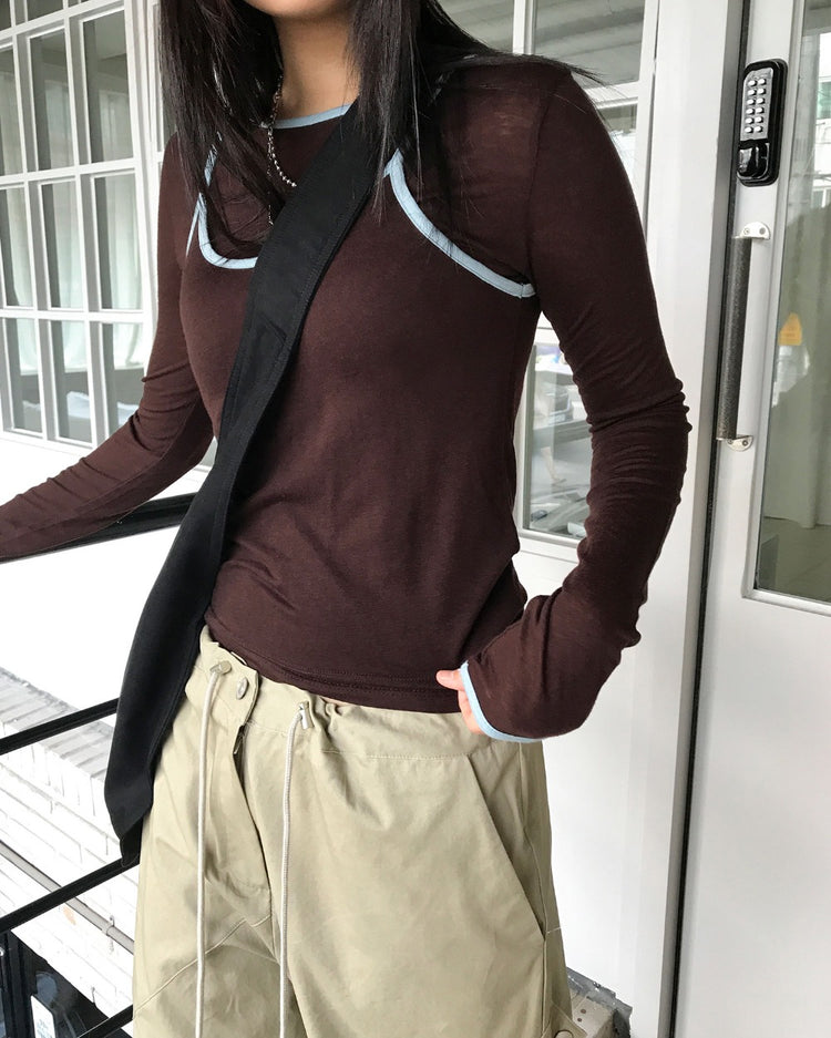 透膚撞色邊細節上衣