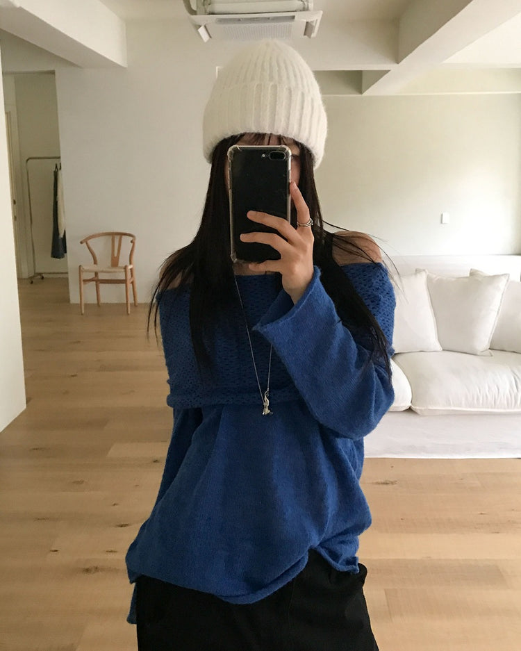 美肩微透紋理細節針織上衣