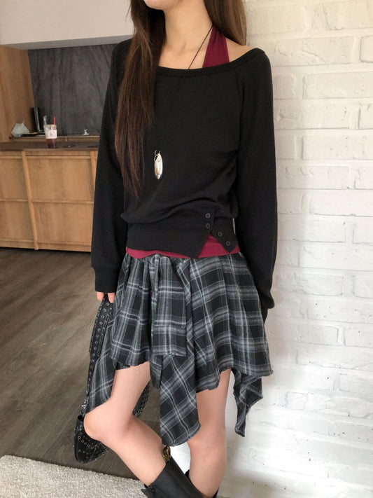 窩夫紋理美肩掛脖套裝