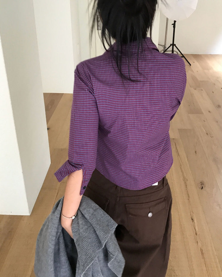 復古亮色格紋細節修腰襯衫