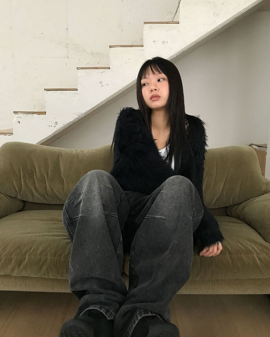 仿水貂毛質感排鈕寬鬆外套