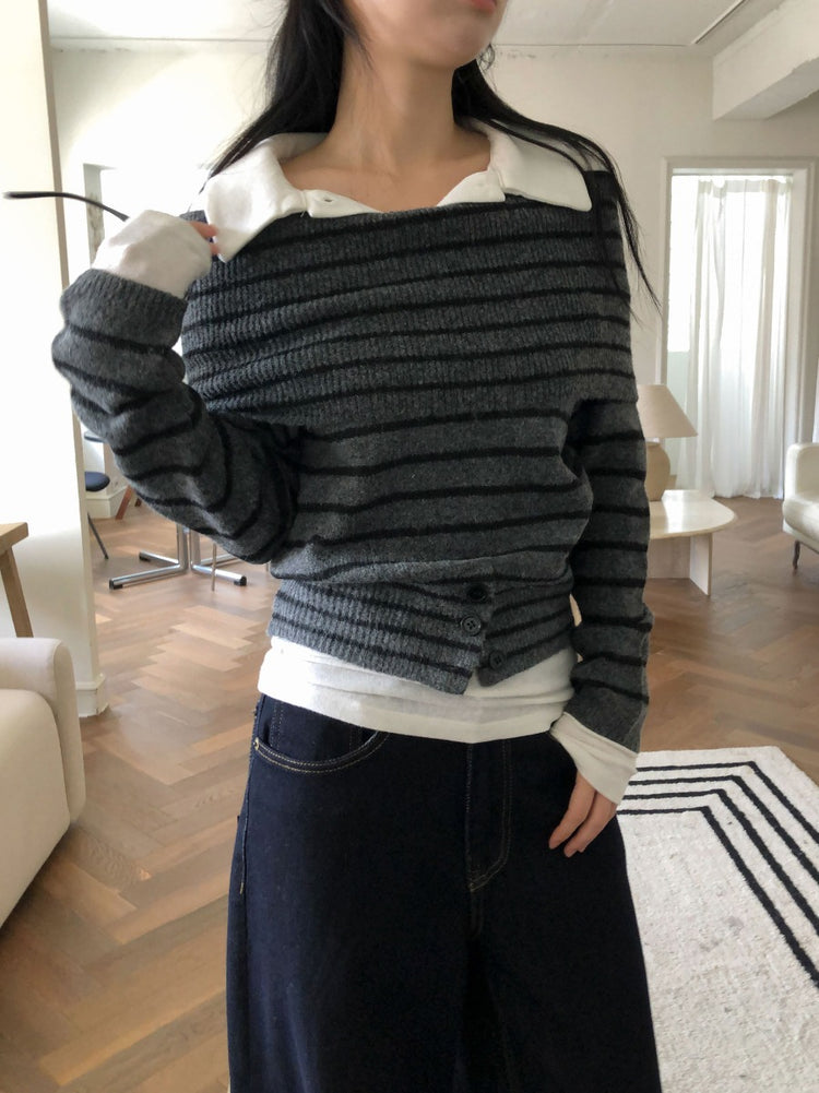 美肩下擺扣鈕細節針織上衣