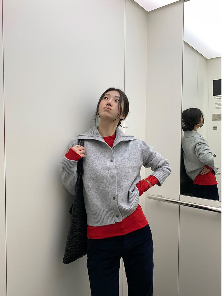 可立領排鈕修腰針織外套