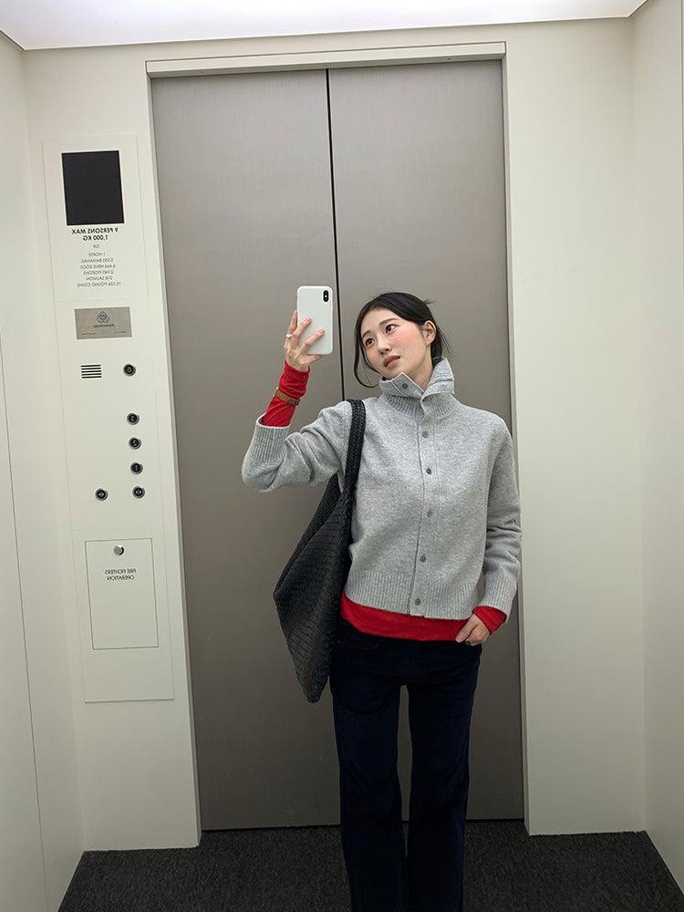 可立領排鈕修腰針織外套