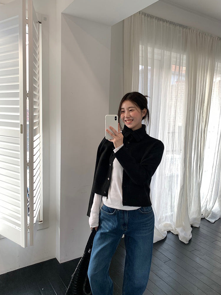 可立領排鈕修腰針織外套