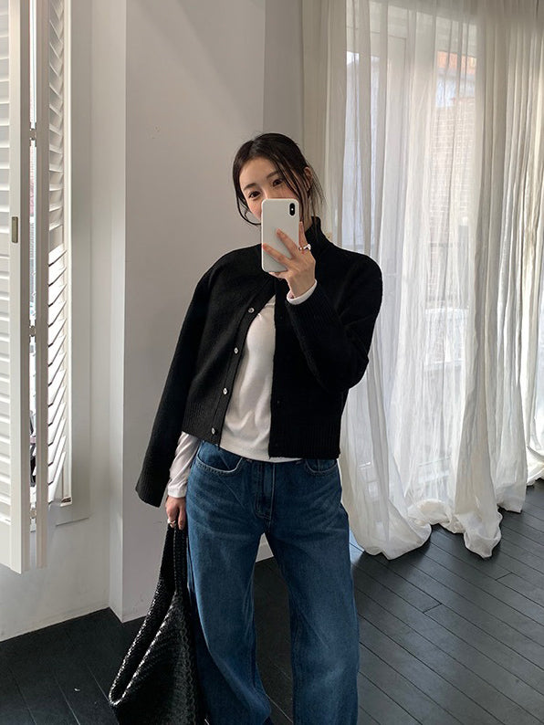 可立領排鈕修腰針織外套