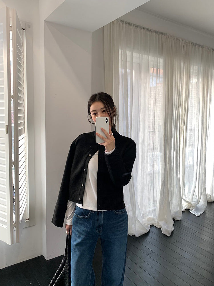 可立領排鈕修腰針織外套