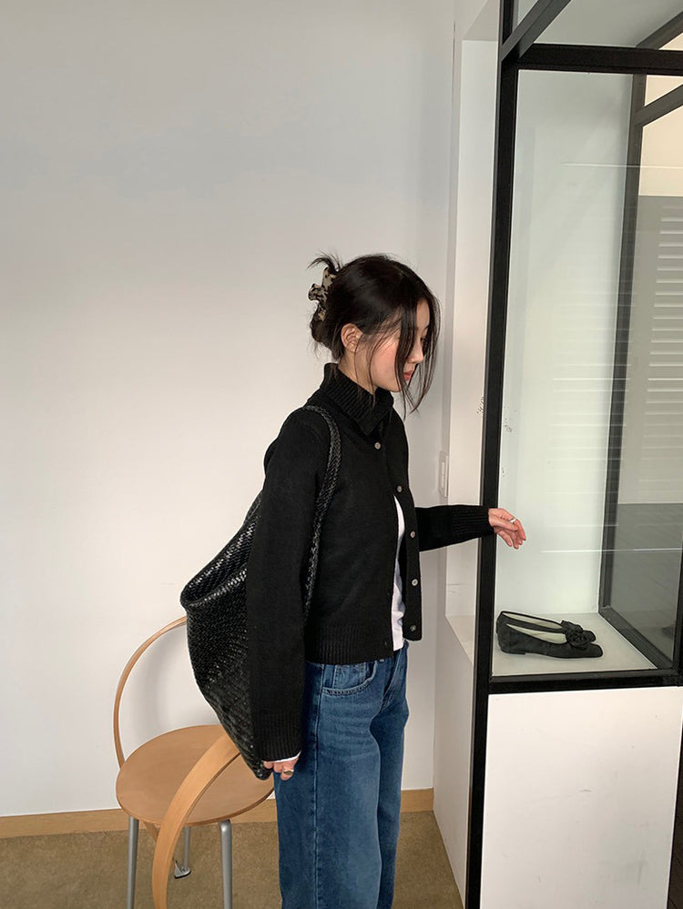 可立領排鈕修腰針織外套