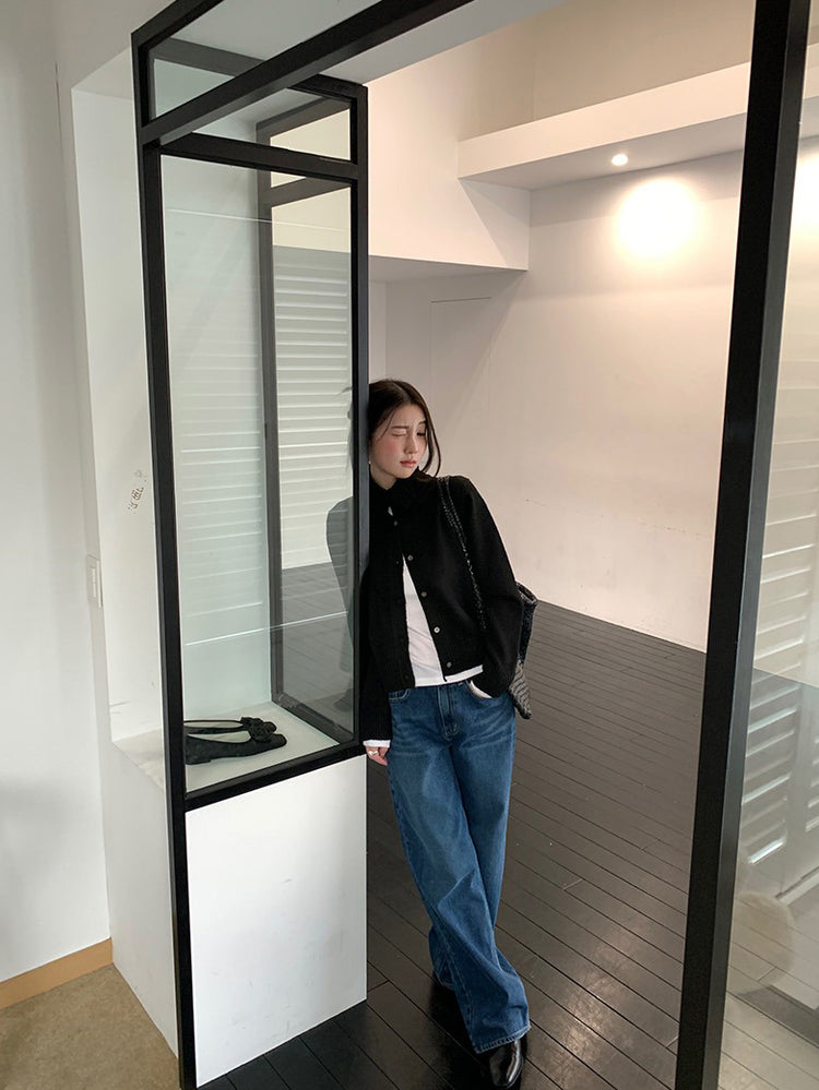 可立領排鈕修腰針織外套