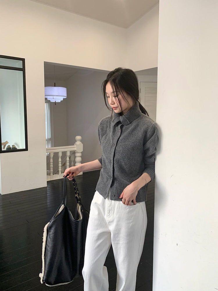 可立領排鈕修腰針織外套