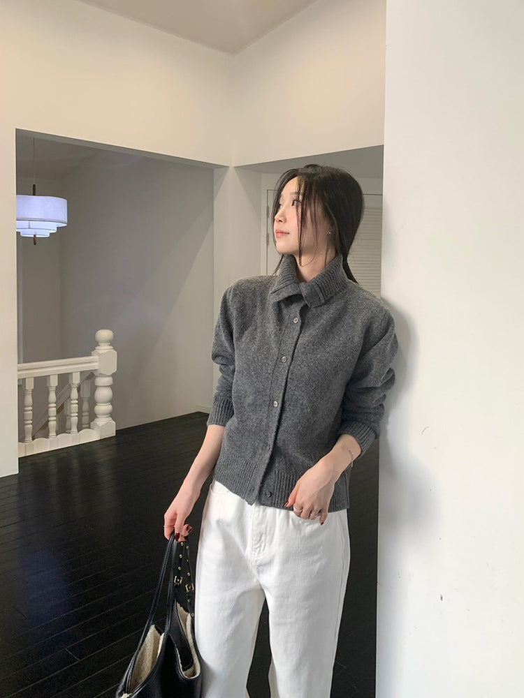 可立領排鈕修腰針織外套