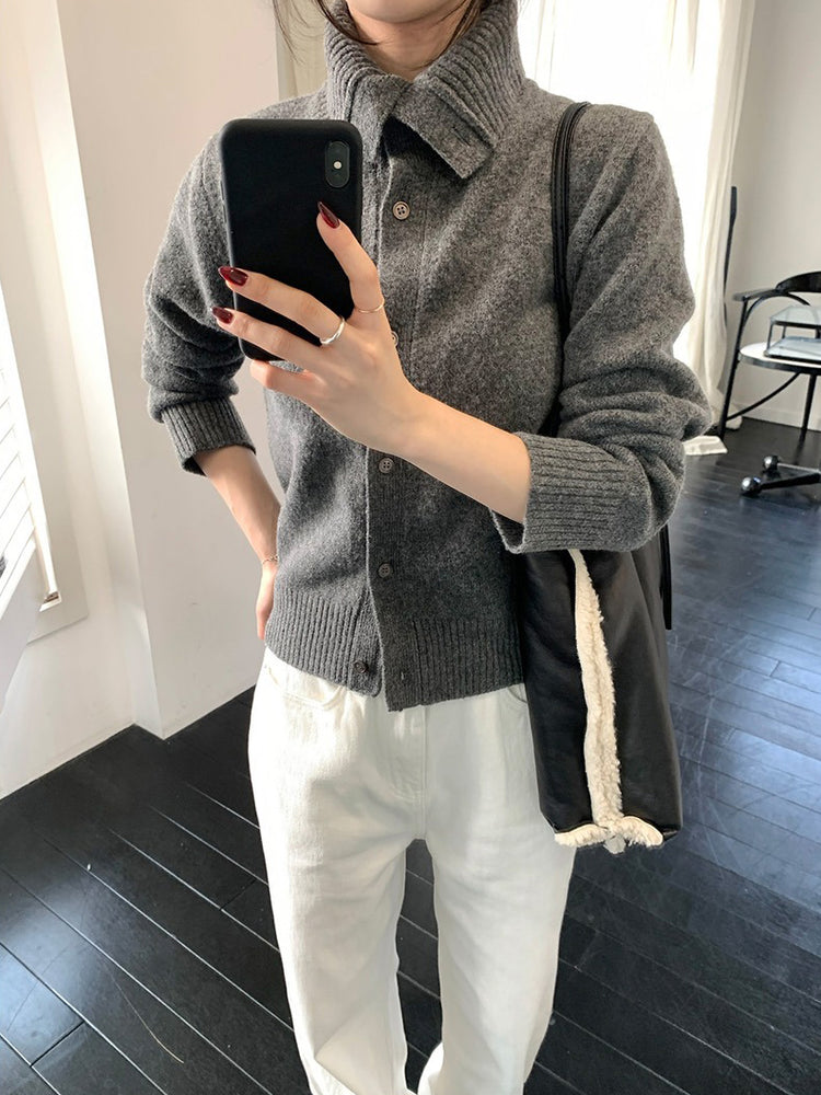 可立領排鈕修腰針織外套