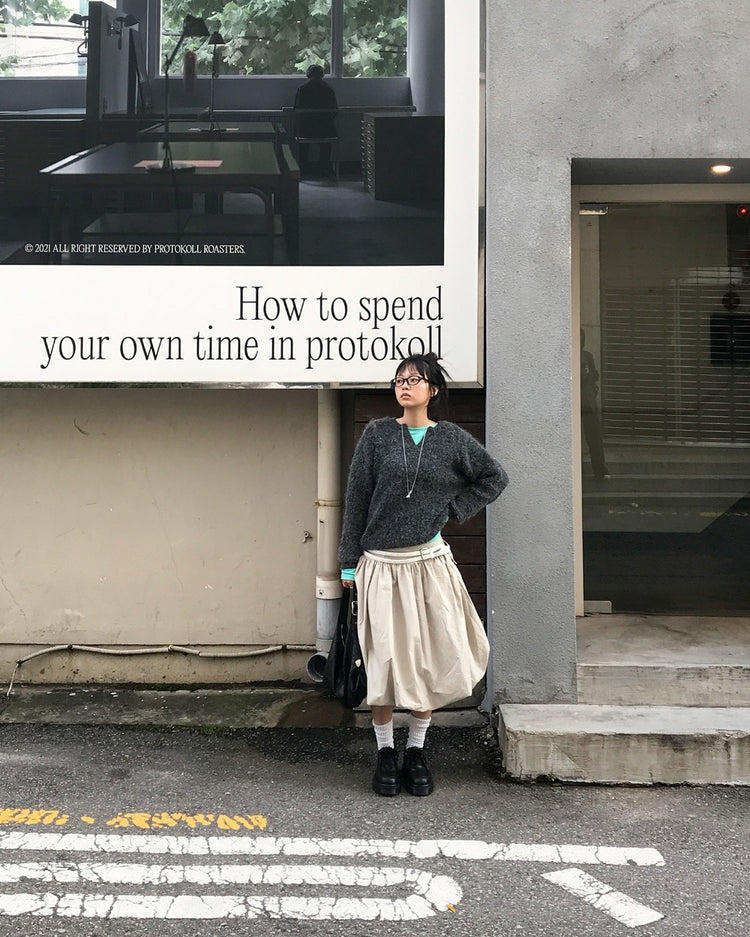 寬腰頭泡泡中裙