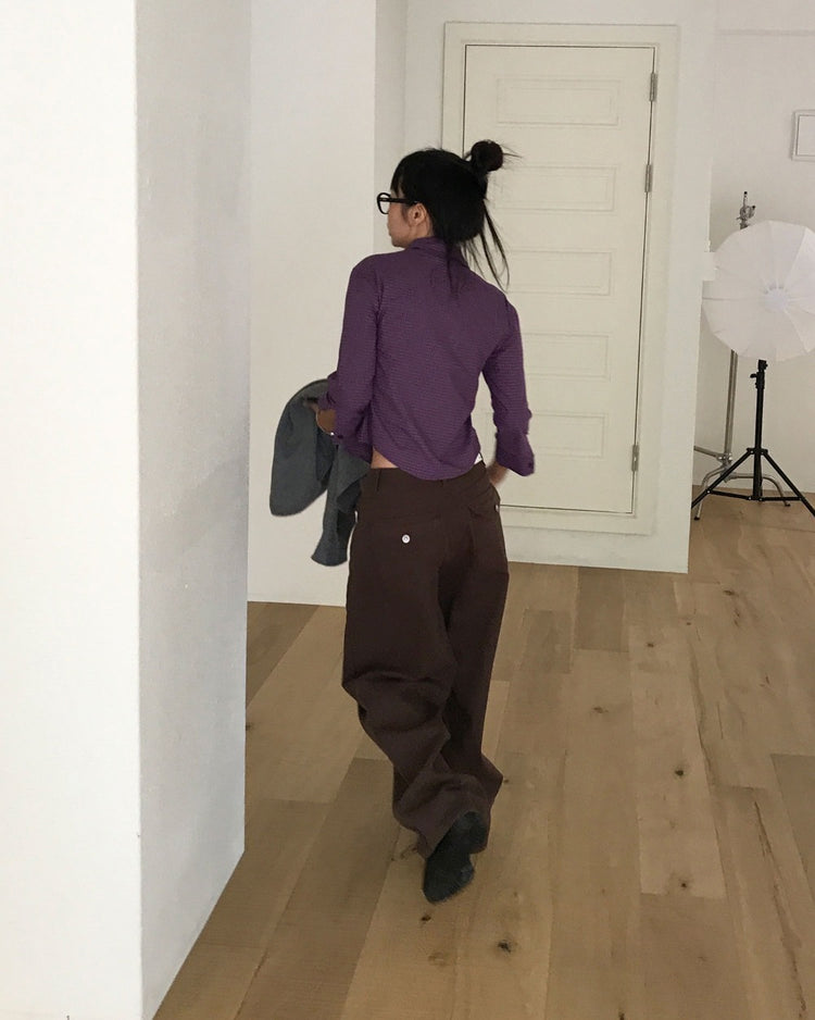 復古亮色格紋細節修腰襯衫