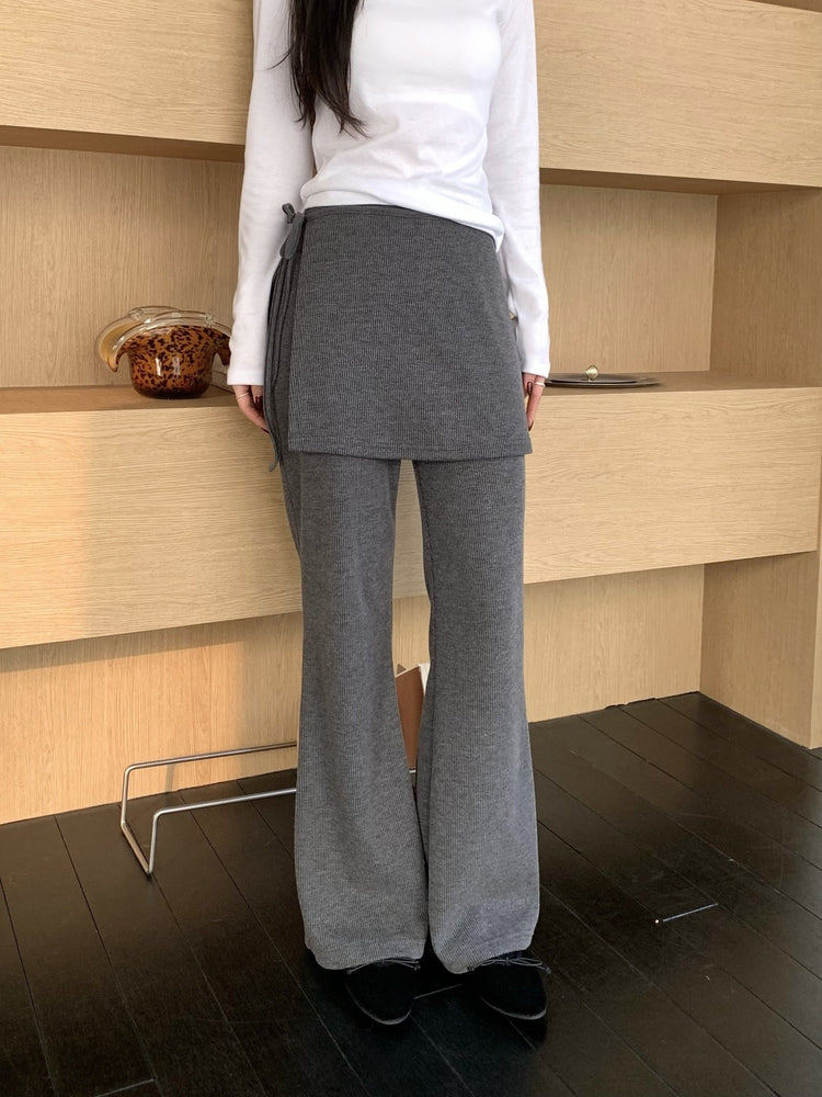 側綁帶細長腿假兩件裙褲