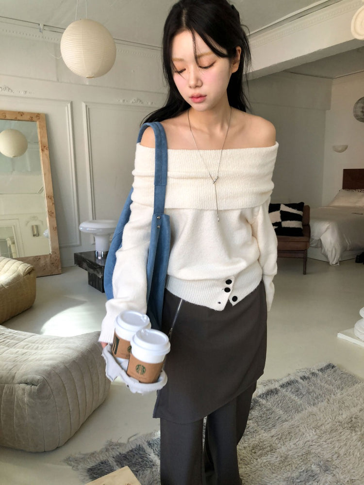 美肩下擺扣鈕細節針織上衣