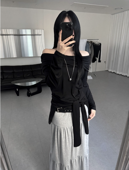 美肩綁帶修腰連帽上衣