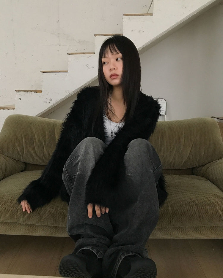 仿水貂毛質感排鈕寬鬆外套