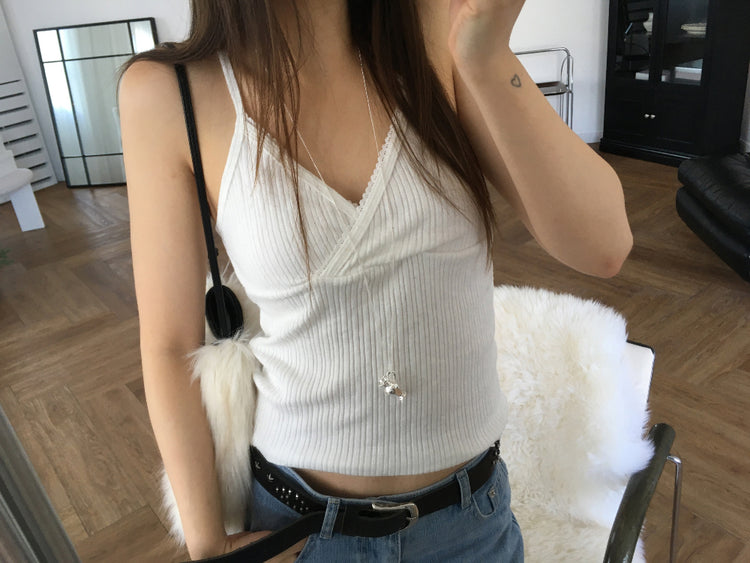 交疊蕾絲捲邊細節背心