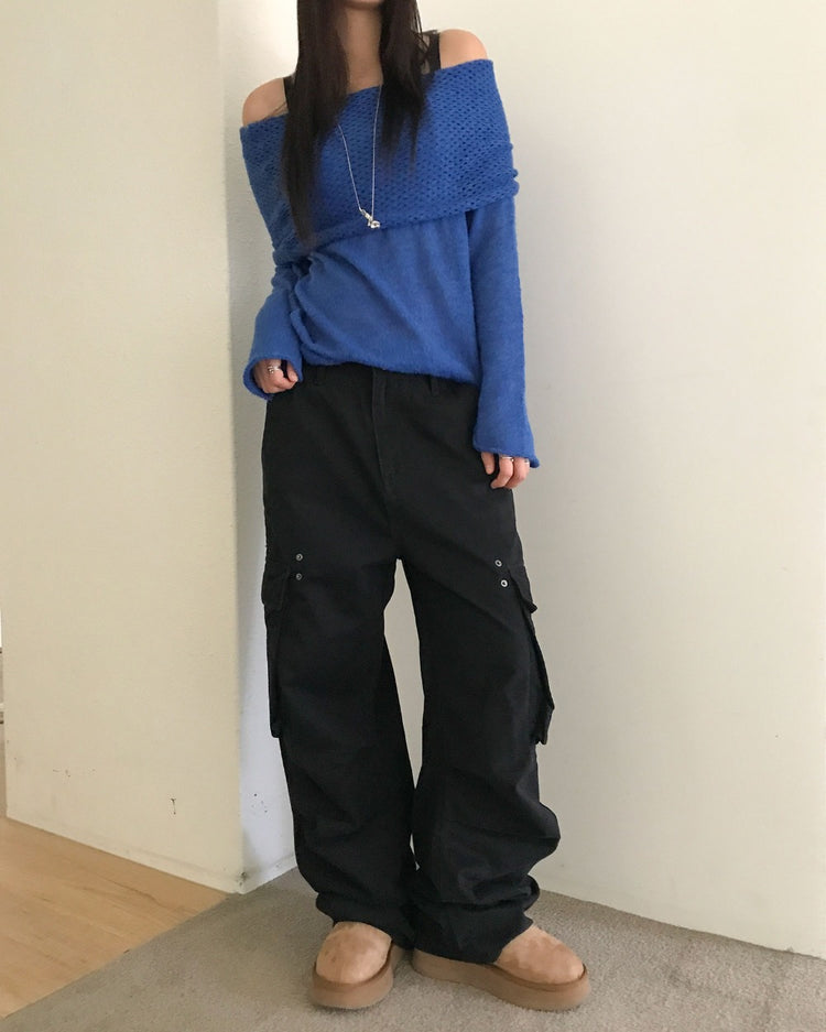 美肩微透紋理細節針織上衣