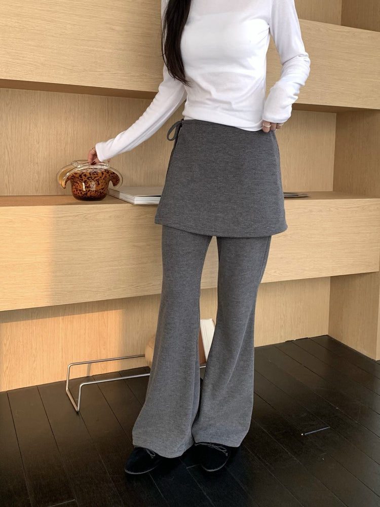 側綁帶細長腿假兩件裙褲