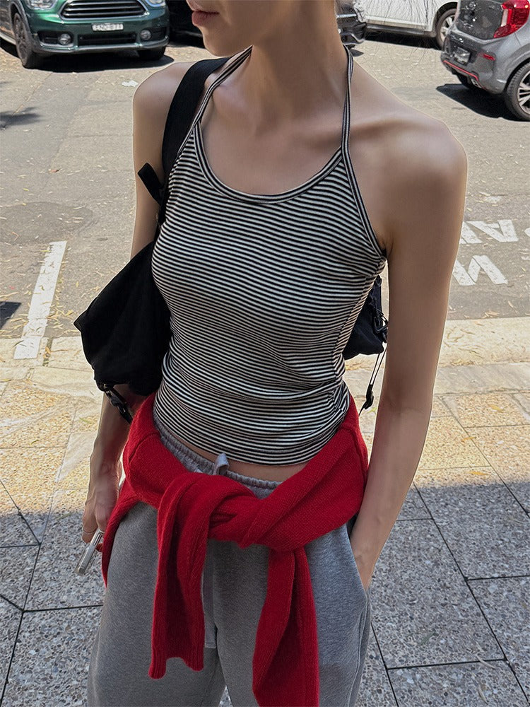 掛脖條紋修身上衣