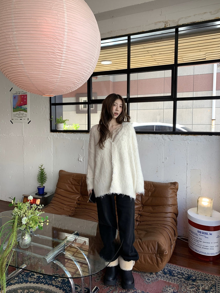 毛感細節排鈕寬鬆針織外套