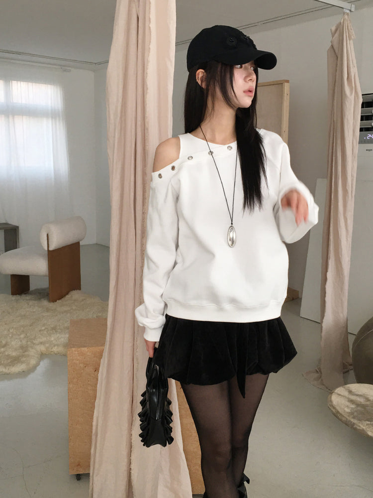 鉚釘圈細節假兩件美肩上衣