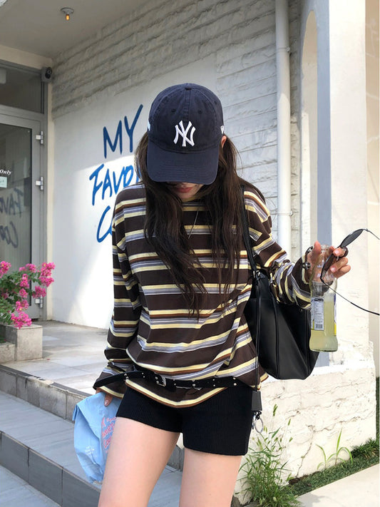 高質設計師品牌美色條紋寬鬆t