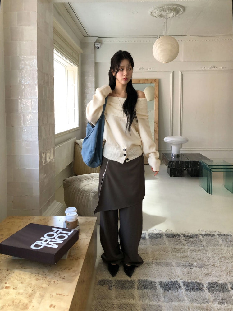 美肩下擺扣鈕細節針織上衣