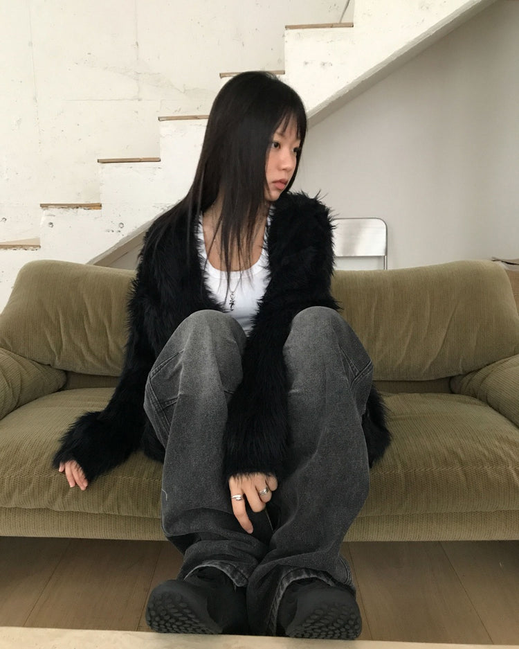 仿水貂毛質感排鈕寬鬆外套