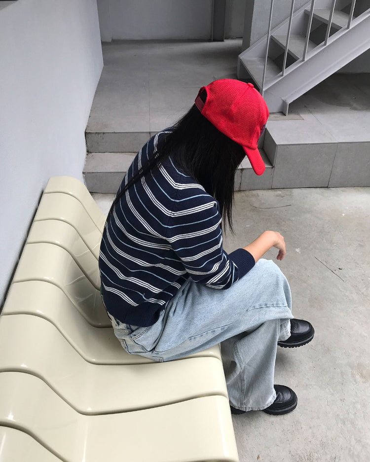 美色條紋排鈕針織外套