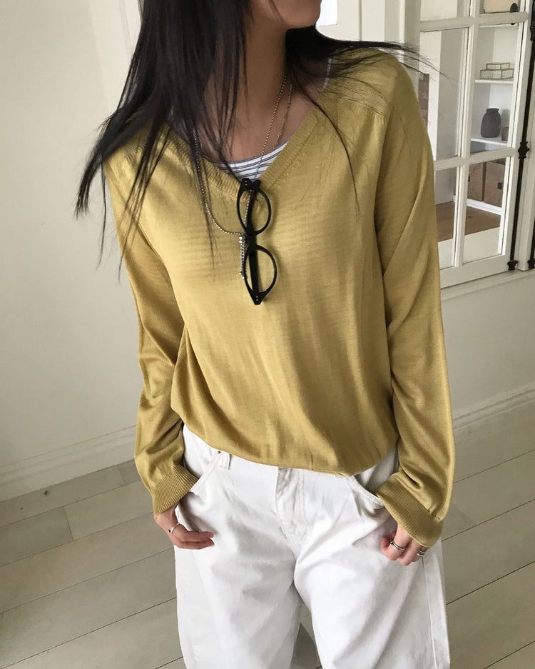 微透美色V領針織衫